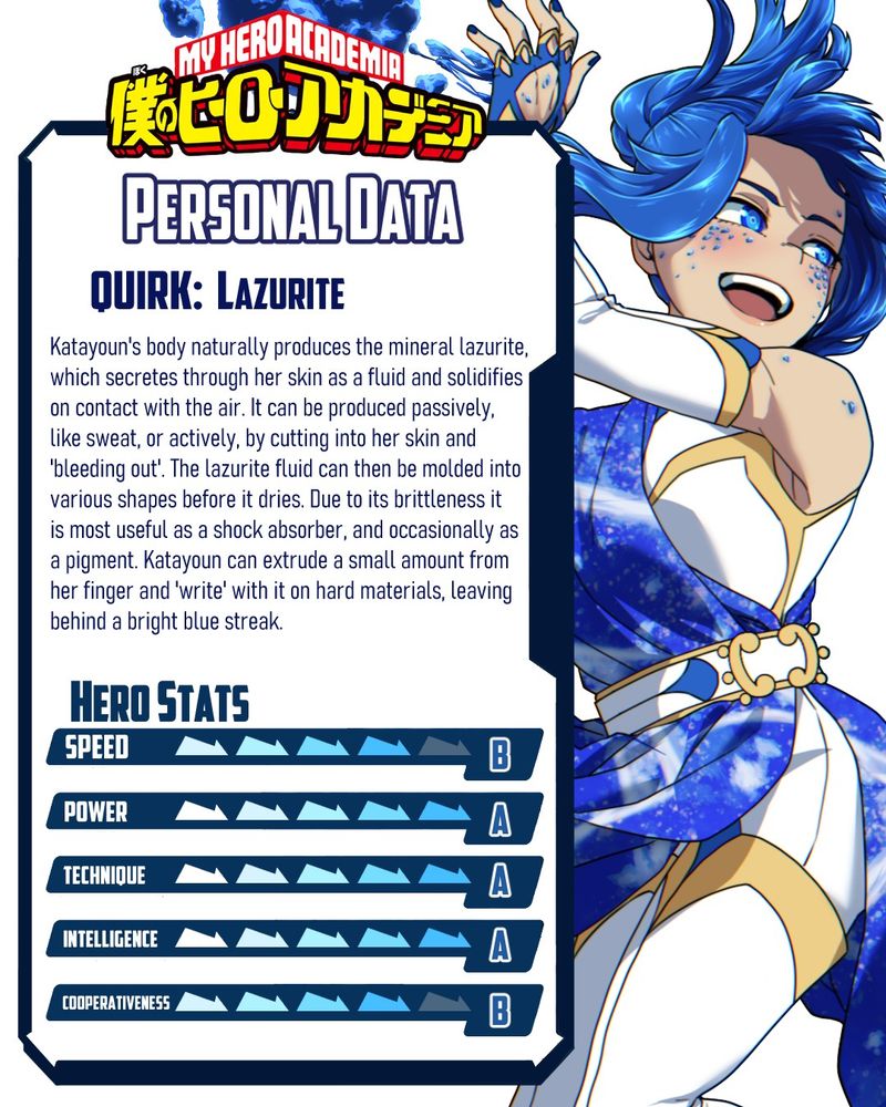 Quirk info card: Lazurite.
Katayoun's body naturally produces the mineral lazurite, which secretes through her skin as a fluid and solidifies on contact with the air. It can be produced passively, like sweat, or actively, by cutting into her skin and 'bleeding out'. The lazurite fluid can be molded into various shapes before it dries. Due to its brittleness it is most useful as a shock absorber, and occasionally as a pigment. Katayoun can extrude a small amount from her finger and 'write' with it on hard materials, leaving behind a bright blue streak.