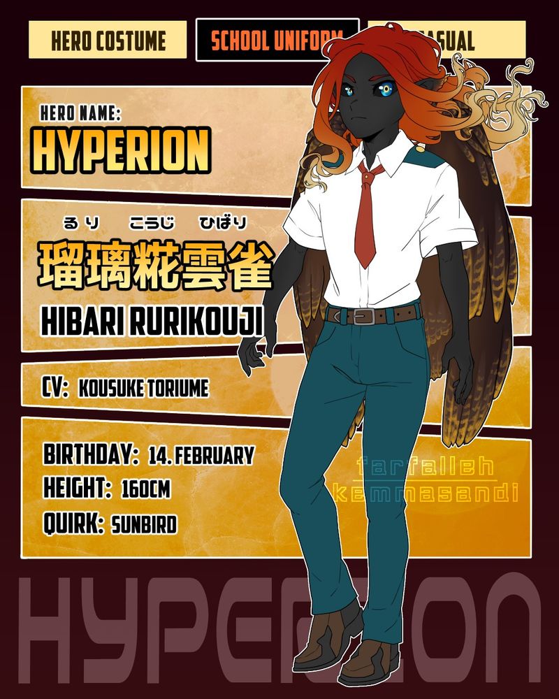 Hibari shown wearing his U.A. school uniform, a white short-sleeved shirt with a red tie, blue-green shoulder pads, and formal pants the same color. His shoes are black and brown leather with a slightly higher heel than normal.