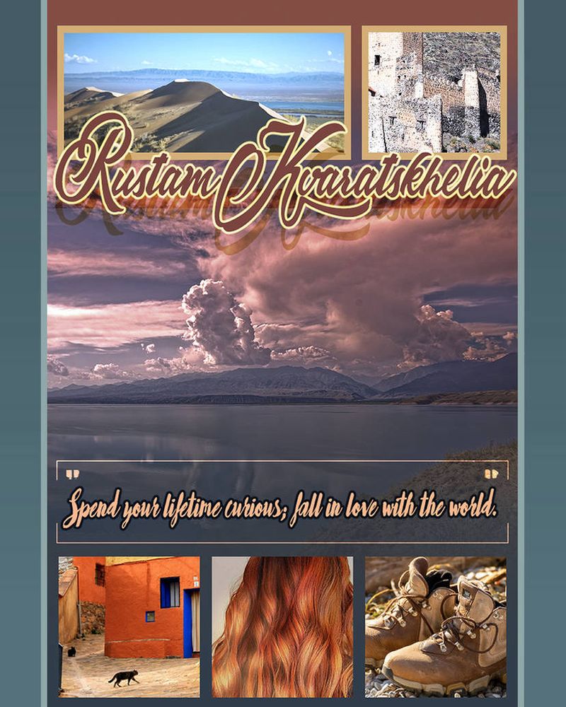 OC aesthetic board for Rustam, showing photographs of a dramatic stormcloud at dusk over a lake, the top of a large sand dune, an ancient castle, an adobe house painted orange with a cat passing in front of it, a pair of tough hiking boots, and coppery hair of Rustam's rough style and texture.
