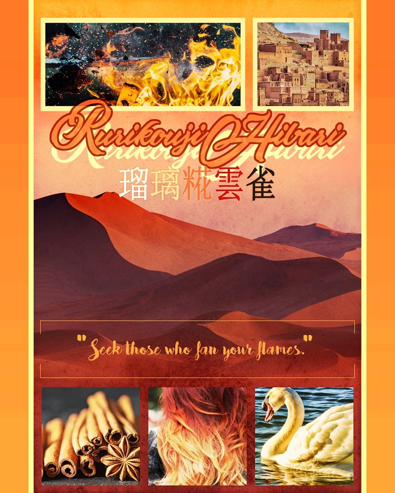 A character aesthetic board for Hibari, showing a desert sand dune, a burning flame, a city made of mud-brick, a mute swan, and sticks of cinnamon and star anise.