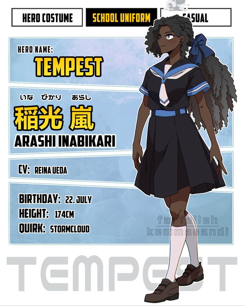 OC profile card for Arashi Inabikari, a Boku no Hero Academia OC. Arashi is a tall, slim teenage girl with dark brown skin, curly kinky black hair, and dark bluish-grey eyes. Her hair is very long, reaching her hips; it fades out to grey at the tips and is tied back with a large decorative blue ribbon. She has a small fluffy white cumulus cloud floating over the top of her head like a hat. She wears a school uniform: a black short-sleeved dress with a sailor fuku collar, belted at the waist with a pleated A-line skirt that reaches to just above the knee. The belt, collar hems and the cuffs of the sleeves are pale blue, and the short tie is white with blue trim at the tip. She wears plain brown loafers with white below-the-knee socks. Arashi is depicted facing forward and a little left, with a distant, distracted expression on her face.
Arashi's full name is written in English, kanji, and hiragana on the card. Her future Hero name is Tempest. Her birthday is on July 22nd, she is 174cm tall, and her Quirk is called Stormcloud.