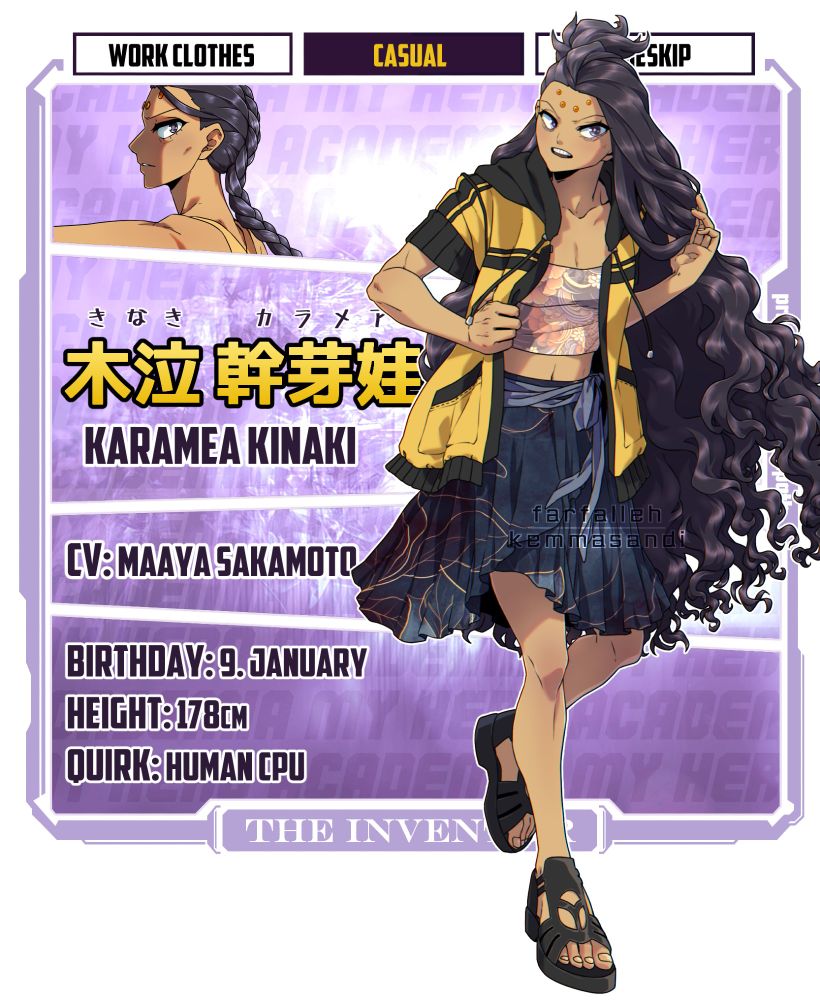 A full-body image of Karamea on an mha-styled profile sheet. Karamea is a tall skinny woman with light brown skin, a sharply angular face with pointy chin and a wide forehead, and almond-shaped dark greyish eyes with dark eyebags underneath. She has very long wavy hair, worn loose and reaching the knees in length, with shorter bangs on the right side pinned up out of her face by clips. Her hair is a dark steely purplish color, with a streak of lighter metallic grey coming from her right temple. There is a group of four circular orange computer ports in her forehead, arranged in a slight u-shape. She is wearing a light-colored floral crop top and a dark-blue wraparound knee-length skirt with golden embroidered abstract lines and a lighter blue fabric sash around the waist. Over the top she wears a yellow-and-black short-sleeved zip-up hoodie. Her shoes are black strappy sandals with chunky soles.
She is posed mid-step, bent over a little as if she's just gotten up; one hand is adjusting her jacket and the other is brushing her hair out of the way. Her expression is a skeptical frown, her mouth open mid-sentence as if to say, "Yeah fuckin right, mate."