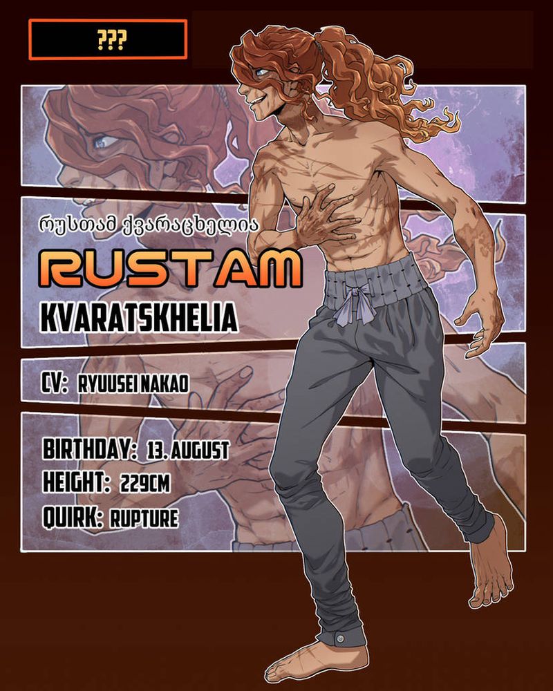 A full body illustration of Rustam, a very tall scrawny man with light brown skin, long messy copper hair and grey ankle-length pants. He is barefoot and wears no shirt; his skin is covered in major scars. He is mid-stride and has his right hand pressed to his chest as if to say, "Who, me?" 
His full name is Rustam Kvaratskhelia, written on the profile card in English and Mkhedruli. His birthday is on August 13th, his Quirk is named Rupture, and he is 229cm tall.
