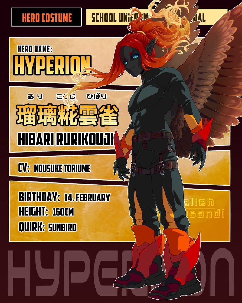 OC Profile sheet. Hibari is shown as a short, muscular young man with broad wings modeled after a song thrush. His skin is solar-panel black, his eyes are electric blue with a yellow central heterochromatic ring around the pupils, and he has pointed elflike ears with red-orange feathers at the tips. His hair is red at the roots, lightening to orange and pale yellow as it grows, and it floats upward like a flame dancing in the wind. He wears a long-sleeved black bodysuit with an open back and a halter-neck, with loose black trousers and a climbing harness around his hips. He has bright red-orange-yellow protective armor on his forearms and shins, and wears red-and-black boots.
His full name is Hibari Rurikouji, written in English, kanji, and hiragana. His birthday is February 14th, he is 160cm tall, and his Quirk is called Sunbird. His Hero name is Hyperion.