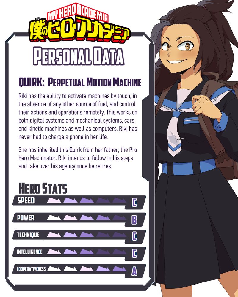 Quirk card: Perpetual Motion Machine.
Riki has the ability to activate machines by touch, in the absence of any other source of fuel, and control their actions and operations remotely. This works on both digital and mechanical systems, cars and kinetic machines as well as computers. Riki has never had to charge her phone in her life.
She has inherited this Quirk from her father, the Pro Hero Machinator. Riki intends to follow in his footsteps and take over his agency once he retires.