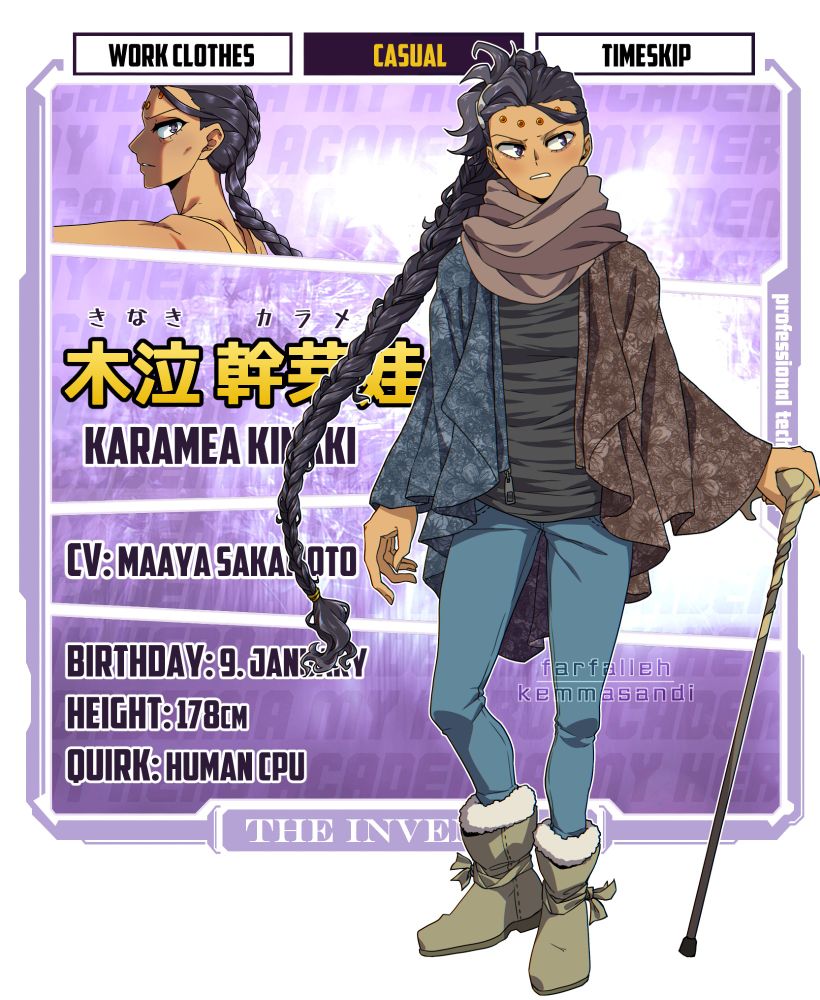 An image of Karamea standing casually, facing frontward but looking off to the side with another skeptical expression. She wears warm winter clothes: a black top and light blue skinny jeans under a loose floral-patterned cardigan, brown on the left side and blue-grey on the right, with a desaturated brown infinity scarf around her neck and pale calf-length boots with woollen inner linings. She has a cane in her left hand. Her hair is tied back into a long single braid.
