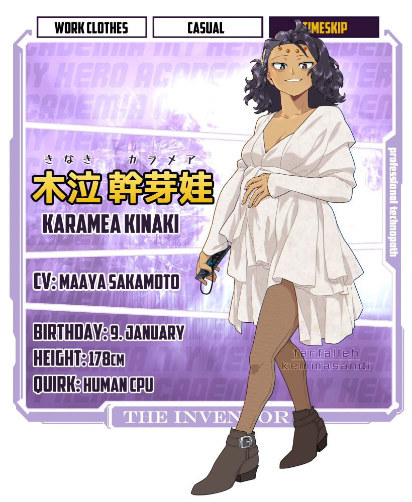A full-body illustration of Karamea's appearance in the eight-year timeskip at the end of the BNHA storyline. She appears less underweight and visibly happier, smiling down at the camera as she walks by. She is also visibly pregnant. She wears a drapy off-white dress, loose around the shoulders and gathered in under the bust, with long sleeves that tighten over the forearms. She wears sheer tights under the dress, ankle-length boots on her feet, and she has her phone in her hand, plugged into the ports on her wrist. 