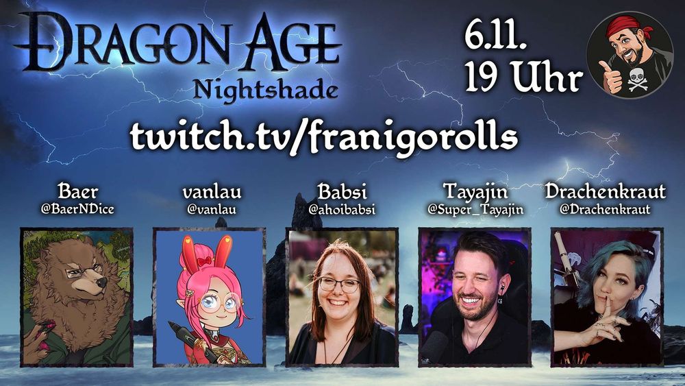 Ankündigung mit Bildern der Mitspielenden. 
twitch.tv/franigorolls