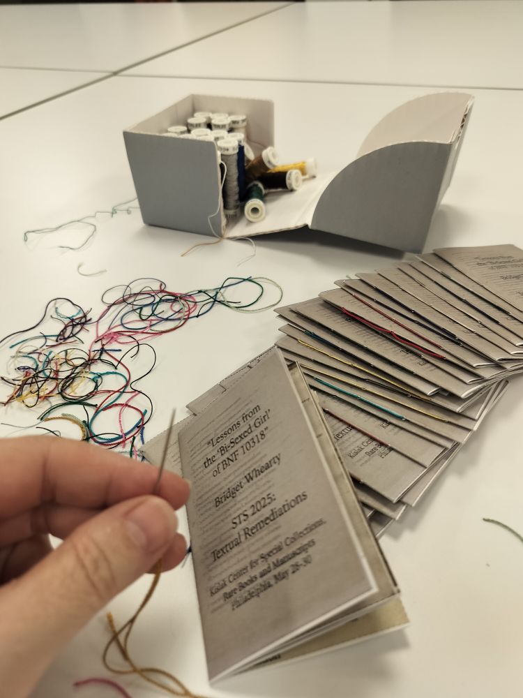 Photo of a hand holding a needle, with a pile of zines and scraps of thread behind.