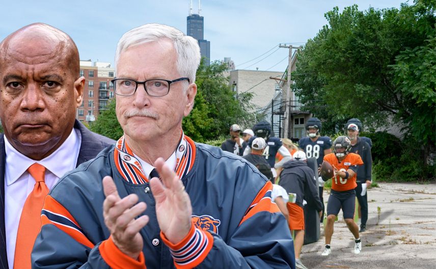 George McCaskey and Kevin Warren overlaid against a ragged cement lot where the Bears players are holding practice