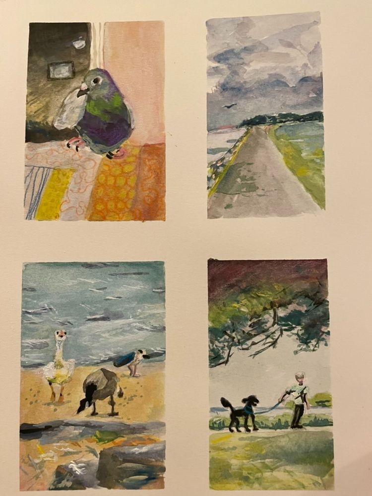 Four smaller paintings - 1. Pigeon, Sidewalk along river, 3 misc birds, man and his dog.