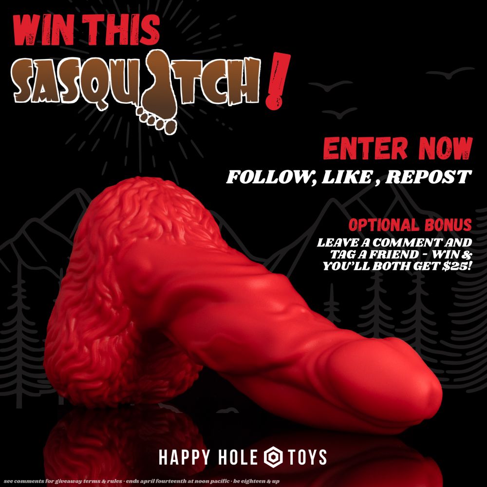 Red Sasquatch Medium against a black background. Enter to win by following us, liking this post, and reposting this post. Optional Bonus: Leave a comment and tag a friend -- win and you'll both get $25!

See comments for giveaway terms & rules · ends april fourteenth at noon pacific · be eighteen & up