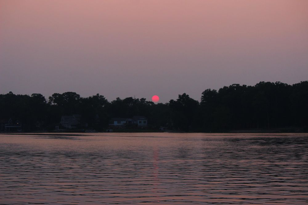 Sunset photo in a smoky sky with a pink sun just above a treeline on the far shore of the lake. The grey and slightly pink sky is reflected in the water.