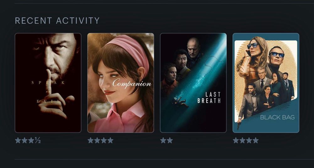Screenshot of letterbox account showing recently watched movies: Speak No Evil, Companion, Last Breath, and Black Bag