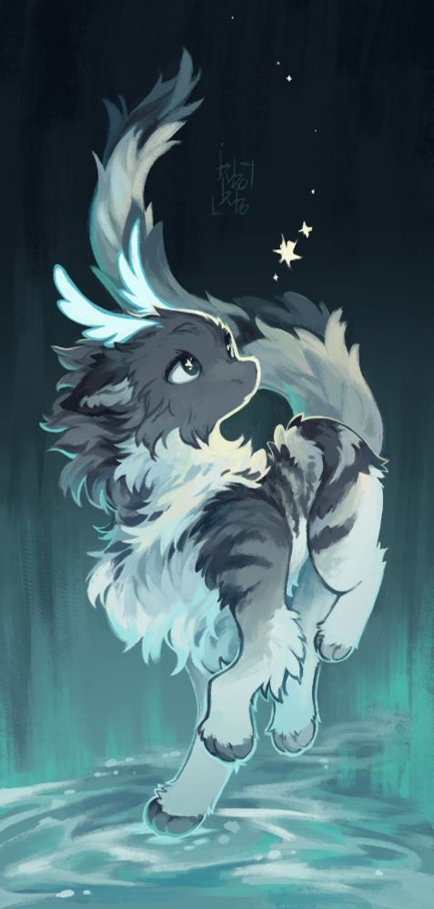 illustration of a cute, grey and white fluffy dragon creature looking at sparkles in the dark.