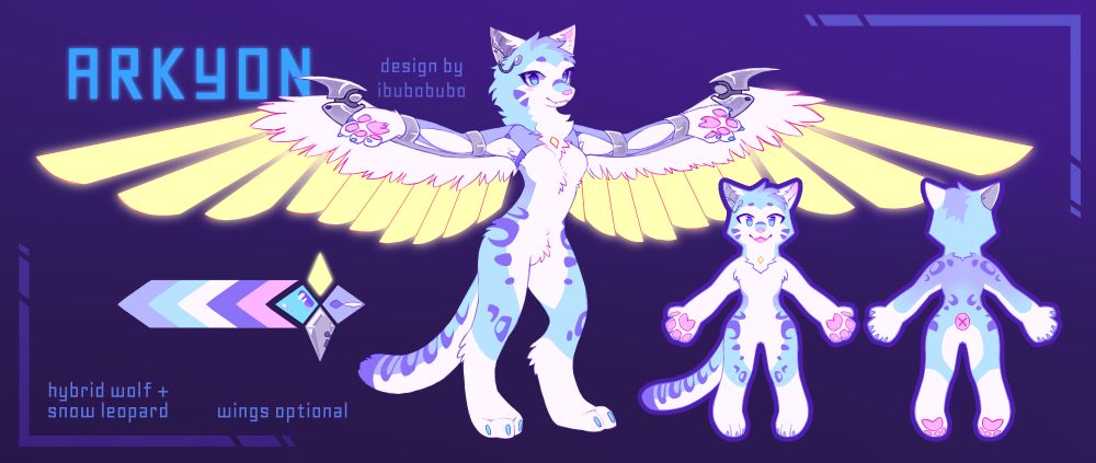 an illustrated reference sheet for a furry anthropormorphic wolf and snow leopord hybrid species. she is blue and white, with partially robotic wings that glow yellow.