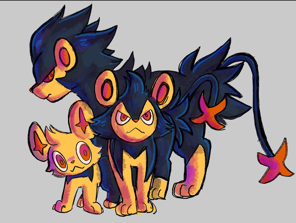 Shinx, Luxio, and Luxray in their shiny forms standing close together