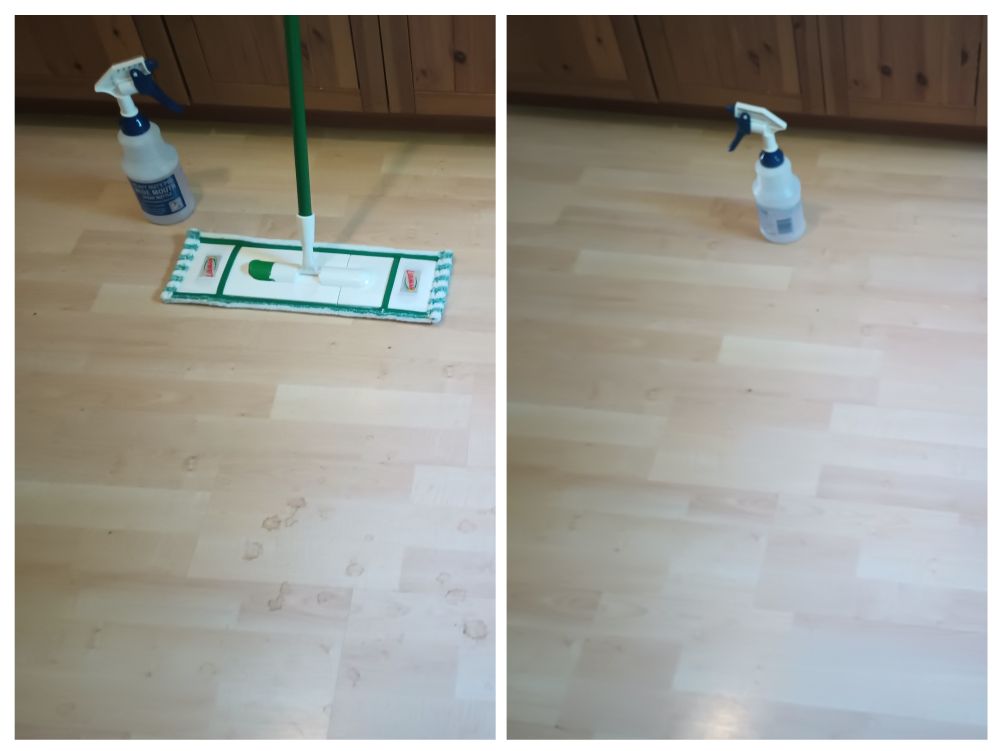 A before and after cleaning picture of a floor with coffee spots.