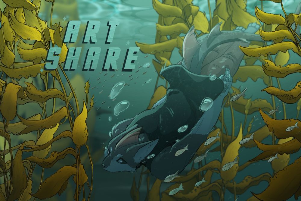 Illustration of a canine creature with shark features diving between seaweed. Text overlay reads "Art Share".