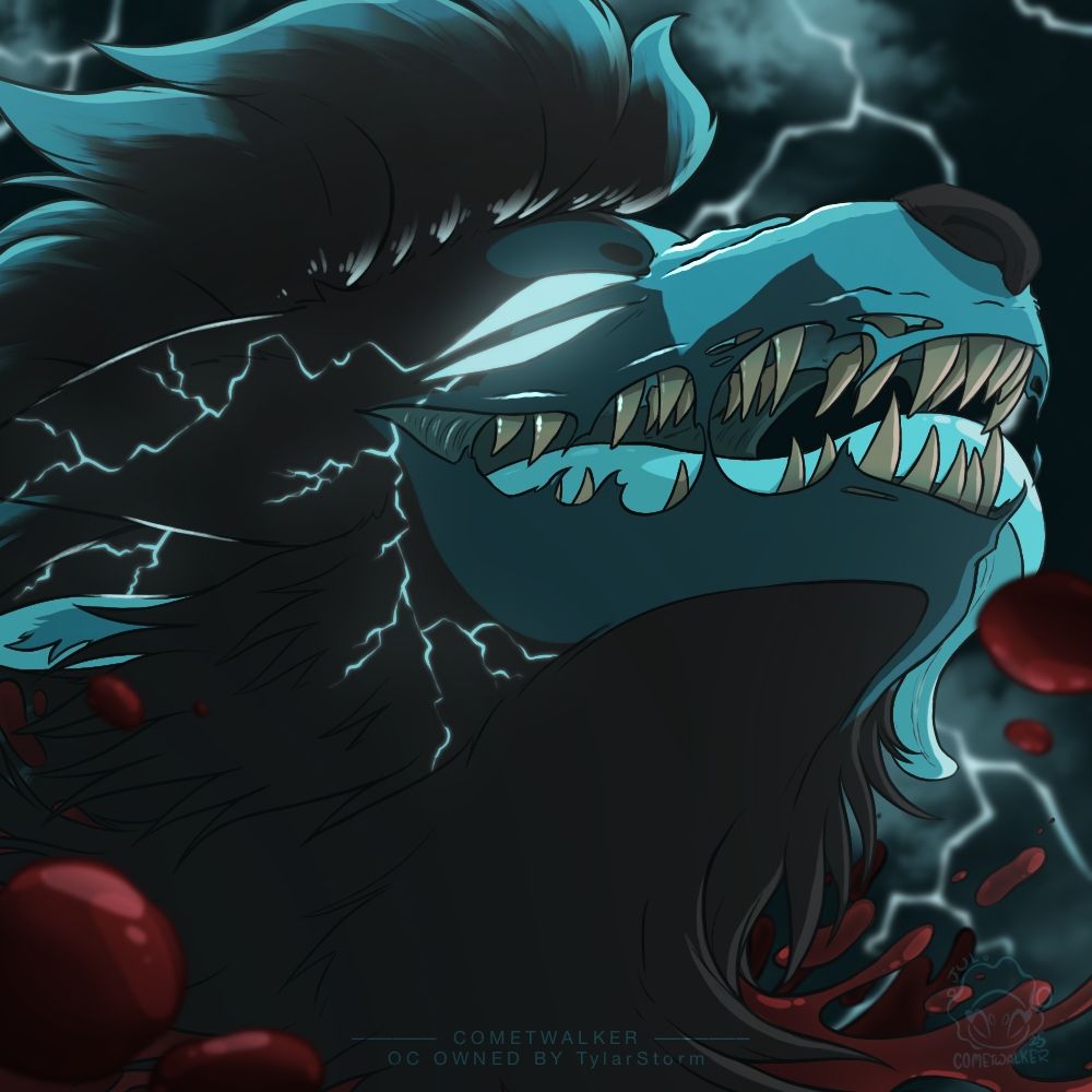 Headshot icon featuring a hellhound character with very sharp teeth and split eyes. The background is lit by lightning. 