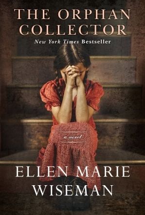 On this book cover, a young girl with her hair in braids sits on the steps of an orphanage. Her hands are clasped tightly, her head is bowed against them, and her elbows rest on her knees. 

The book is titled, "The Orphan Collector" by Ellen Marie Wiseman.