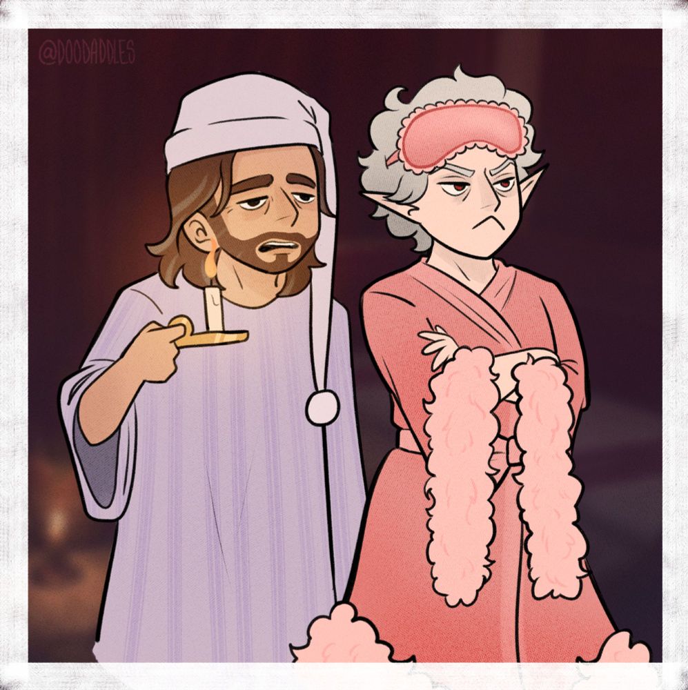 Baldurs Gate 3 fanart of Gale and Astarion. 
Astarion's arms are crossed and looks annoyed while wearing a pink silk feathery night robe and a matching eye mask on his head. Gale looks half asleep still, is holding an old candle while dressed in an old purple striped night gown with a sleep cap.