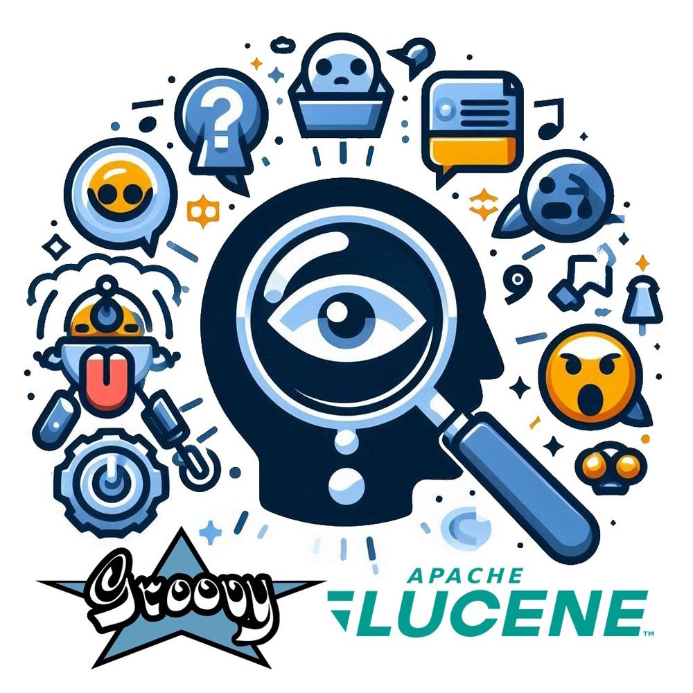 image with a magnifying glass, some emoji icons and the Groovy and Lucene logos