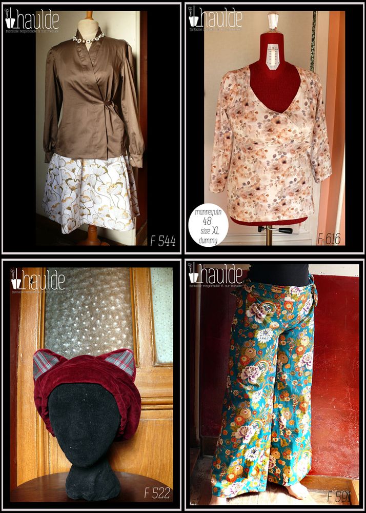 Quatre vignettes présentant mon travail
- un ensemble chemisier croisé en satin marron clair et une jupe blanche imprimée de feuilles de ginkgo translucides
- un haut coeur croisé en jersey blanc imprimé fleurs aquarellées orange pâle et gris
- un bonnet en velours rouge à oreilles de chat écossais gris et rose
- un pantalon bleu paon imprimé de grosses fleurs blanches et dorées et vermillons, dans un style d'inspiration japonaise ou chinoise