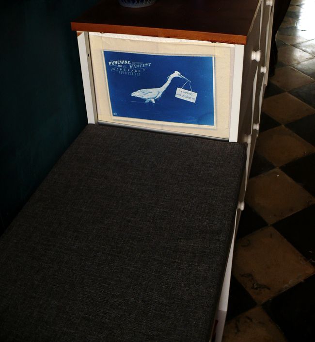 Un autre meuble d'entrée, blanc et cuivré avec des tiroirs sur lequel est affiché un autre cyanotype représentant une aigrette qui tient une pancarte "I egret nothing" et au-dessus le texte "punching that fascist in the face I must confess"
Sur le côté on voit les vieux carreaux noirs et blancs du sol