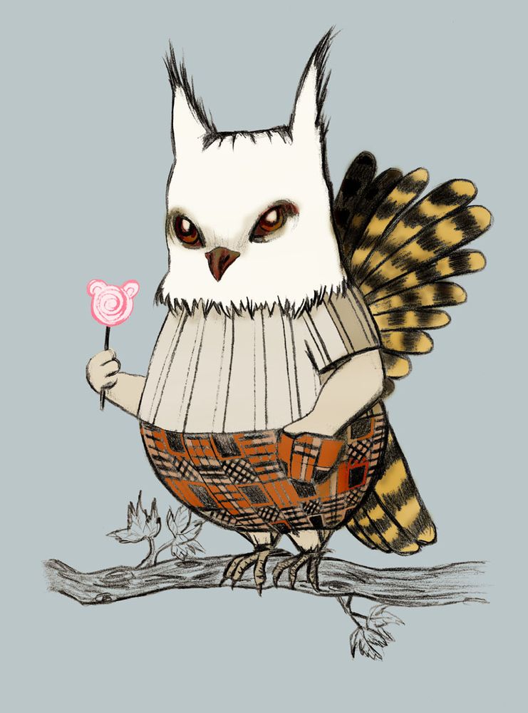 Personnage à tête de hibou blanc et pattes assorties, vêtu d'un tshirt rayé et d'un pantalon écossais orange et gris foncé, main gauche dans une poche, main droite qui tient une sucette en forme de tête de Mickey
Des plumes extravagantes (ressemblant à des plumes de chouette effraie) sortent de l'arrière de son pantalon (oui c'est n'importe quoi au niveau éthologique, pas taper) il est perché sur une branche dessinée schématiquement sur un fond bleu gris clair uni