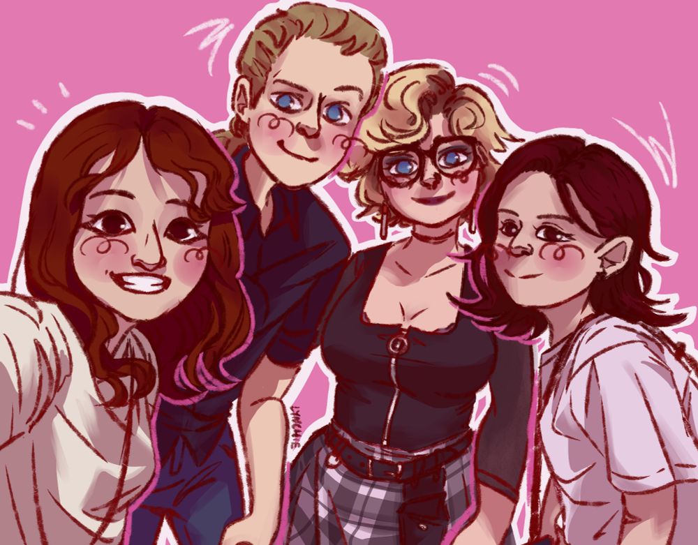 a drawing of four figures on a bright pink background, smiling at the camera, standing together like theyre taking a photo. from left to right, a young woman in a cream tshirt with dark eyes and long warm brown hair that begins to curl at the ends. shes smiling brightly and leaning into the others with her outer arm raised like shes taking a selfie. next is a young man with blue eyes and long dark blonde hair pulled back in a ponytail. hes wearing a dark shirt and jeans, and slightly stooped to fit in frame. next is a young person in dark alternative clothes and glasses with blue eyes. their hair is fluffy and around chin length, and bleached blonde with visible brown roots. next is a young woman with dark brown hair and eyes with a white tshirt. her hair is about shoulder length, and flips out from her face. the colour palette is warm with pink highlights. theres a thick white border around the group of figures