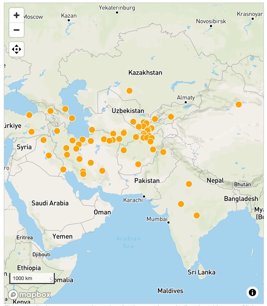 An outline map showing modern country borders and labels on which a number of orange dots are arranged in a scattered way. Countries completely included and labeled are Bangladesh, Bhutan, Eritrea, Ethiopia, Kazakhstan, Nepal, Oman, Pakistan, Saudi Arabia, Somalia, Syria, and Uzbekistan. Some other countries and parts of countries are also included in the coverage, but not completely labeled.