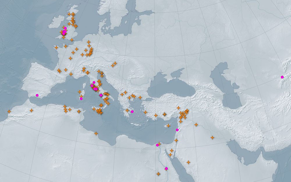 A terrain map with orange markers indicating updates and pink circles indicating new place resources. The map spans west to east: the Strait of Gibraltar to Central Asia. From north to south, it spans: the British Isles to the middle Nile. 