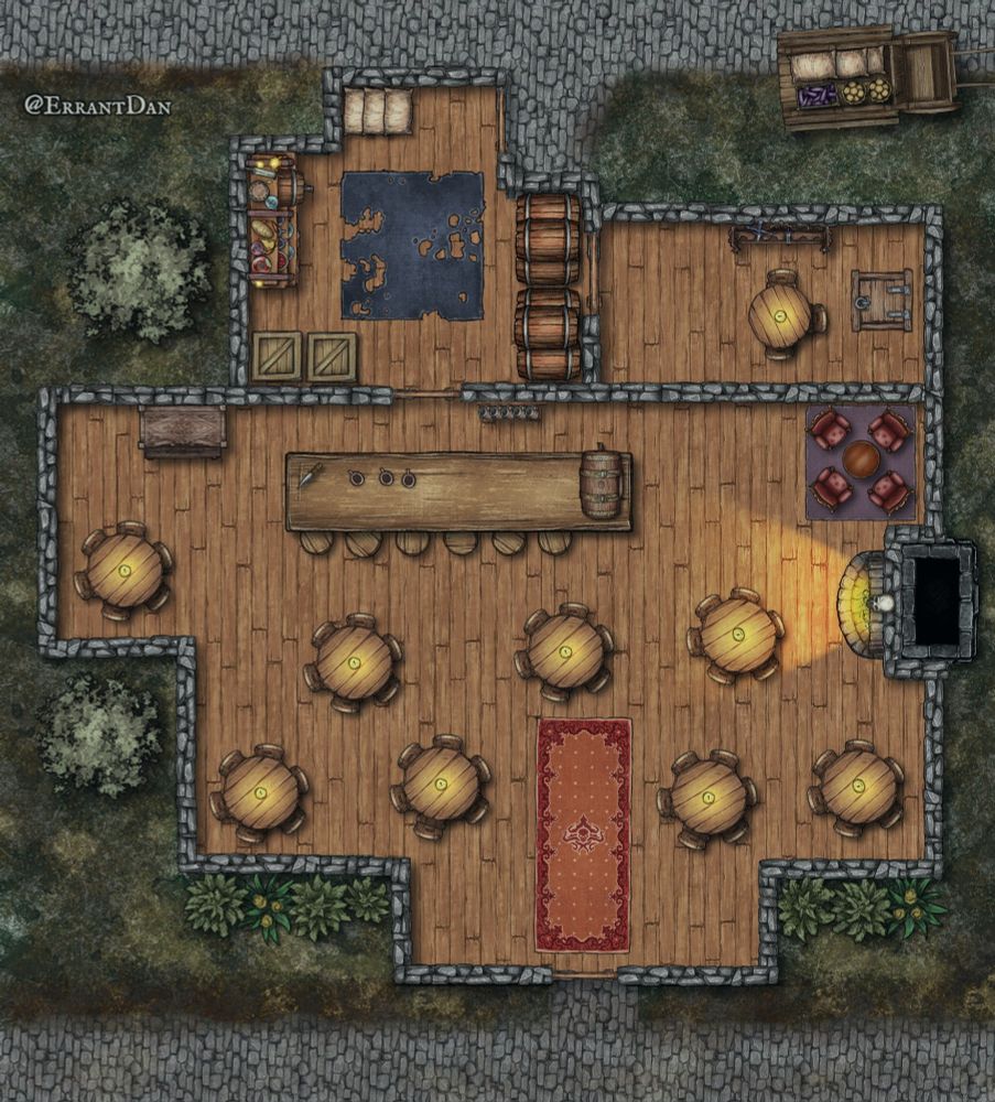A dark tavern, softly lit from candles and a stone fireplace. There is a backroom for storage, and a hidden backroom behind some wine barrels.