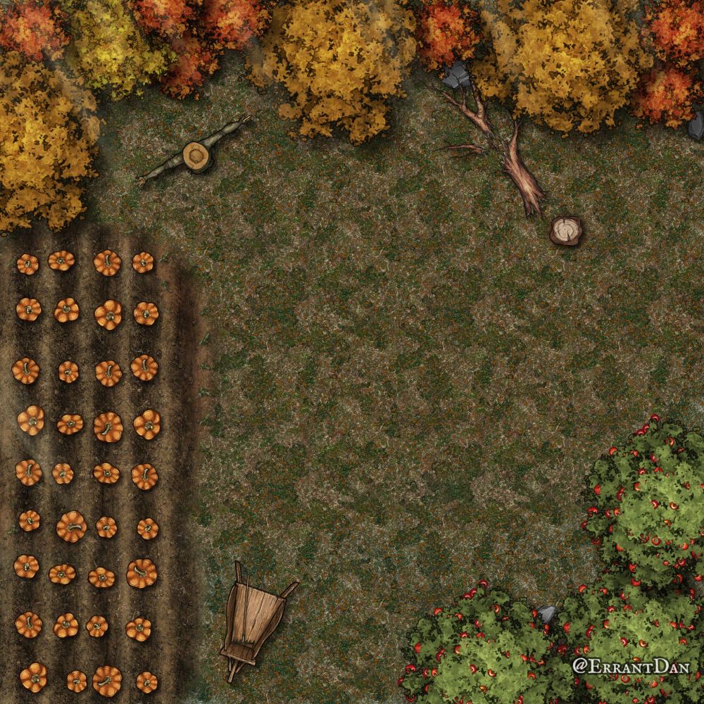 There is a pumpkin patch. North is a scarecrow. The trees have yellow and orange leaves. Southeast there are apple trees, ready for picking.