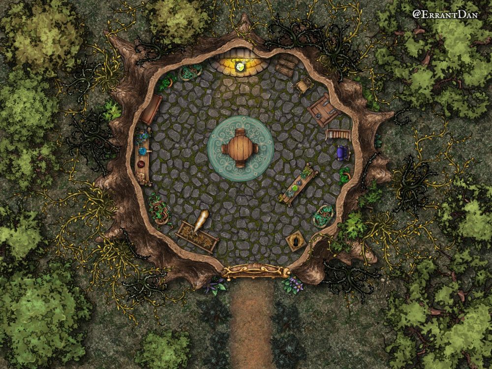 A country cottage built in the wild deep of the forest.  The home of a druid? an alchemist? Perhaps a kind old witch?  The cottage is build in a massive hollowed out tree.  Its one large room with a table in the center. There are herb growing, potions brewing, and cauldrons bubbling. A goat eats from a food trough, and a raven watches the door.
