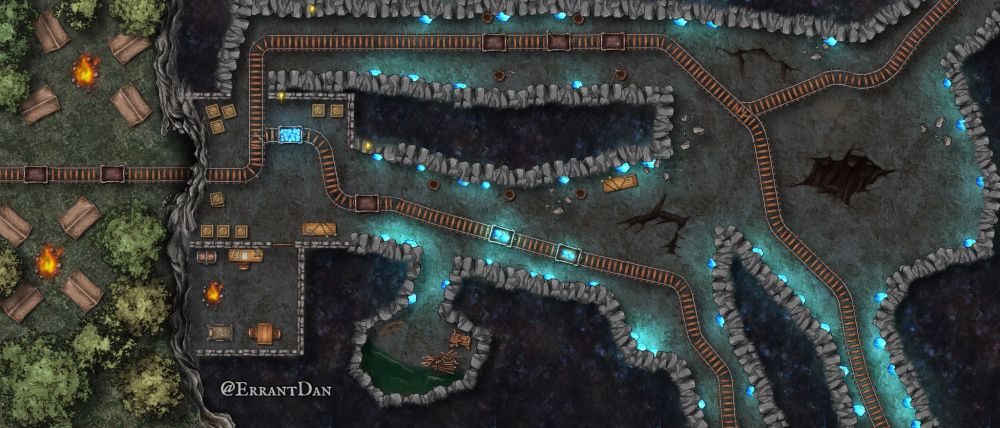 A winding mine. Cart tracks follow several tunnels and break off into multiple directions. Large chucks are glowing moonstone stick out of the walls. There are several tents with firepits set up just outside the mine entrance.
