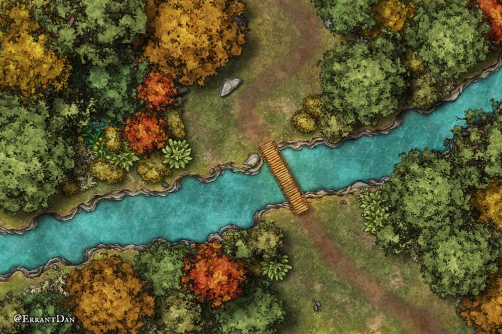 A forest road winds along a landscape of colorful trees. There is a bridge crossing a calm, light blue river.

