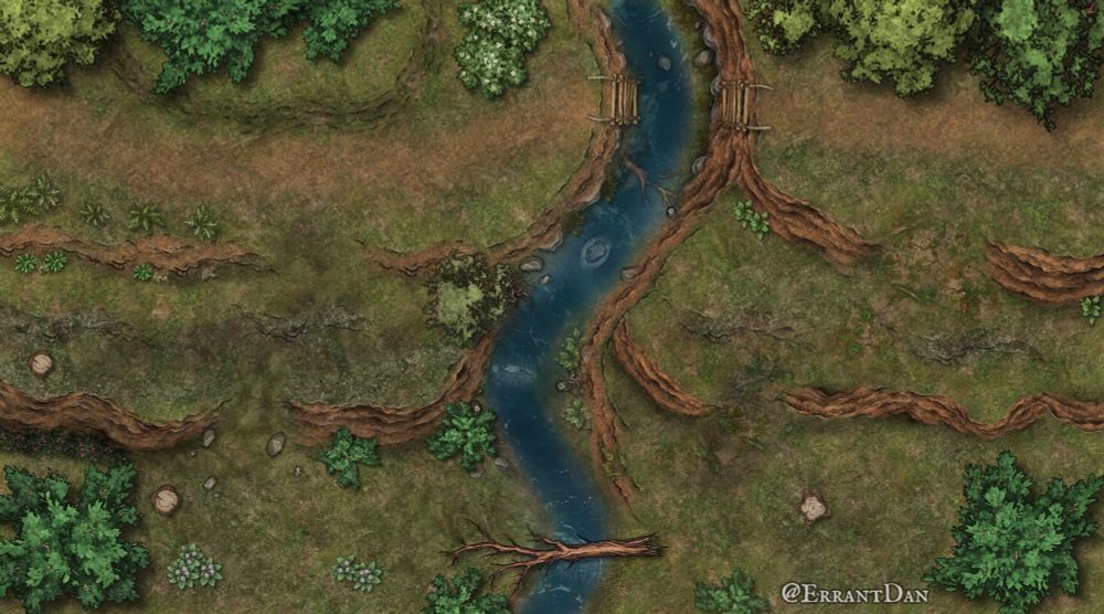 A river flows through the forest. At the high point, an old wood and rope bridge is cut and disconnected. Further down, a fallen tree provides a make shift bridge.
