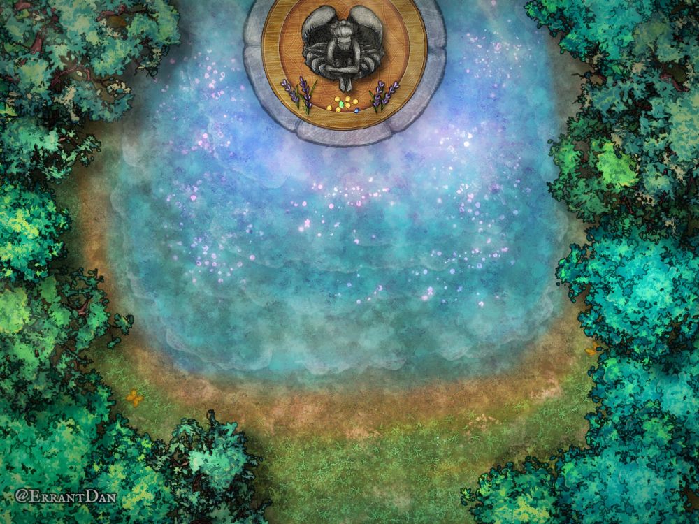 A pond in the forest that radiates with magic energy. There is a platform with a statue in the center. Coins and plants have been left as an offering at the base of the statue.
