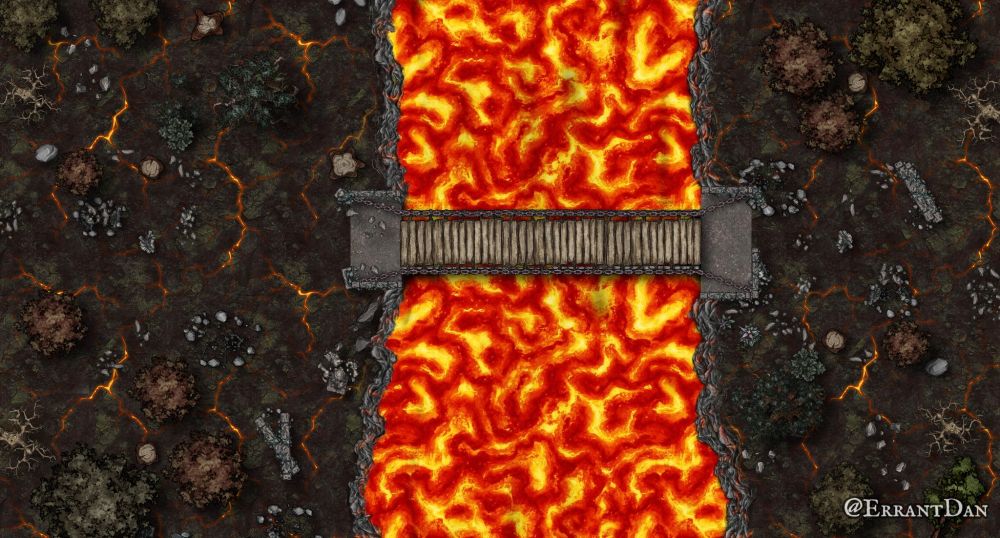 A large river of molten lava. There is a chain bridge with wood planks that allow passage. On both sides, the ground is cracking and the glow of lava is seen just below the surface. There are broken ruins from an old building destroyed long ago.