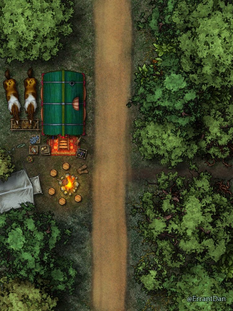 A brightly colored wagon has made camp on the side of a forest road at night. Supplies are out, a fire is going, and a tent is sent up.  Two horses eat beside the wagon. 