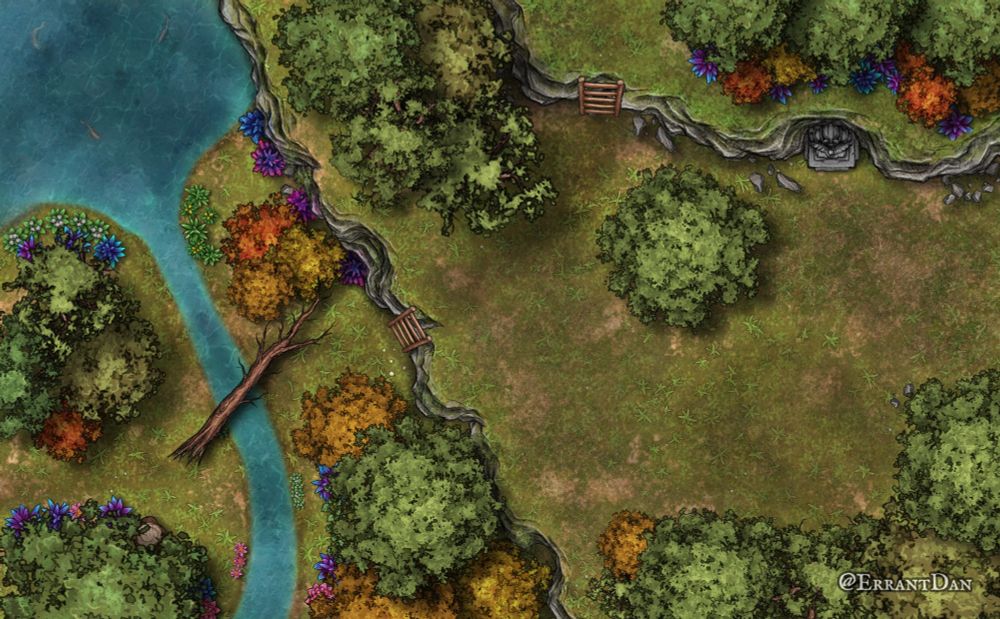 A forest map with three levels of elevation. On the bottom, a river is flowing into a lake, with an old tree as a makeshift bridge. A latter against the rock face allows for climbing on to the second level. Its a mostly open clearing with an old statue carved into the north rock face. A second latter leads to the third level. It has a small clearing, and many small colorful bushes below the trees.