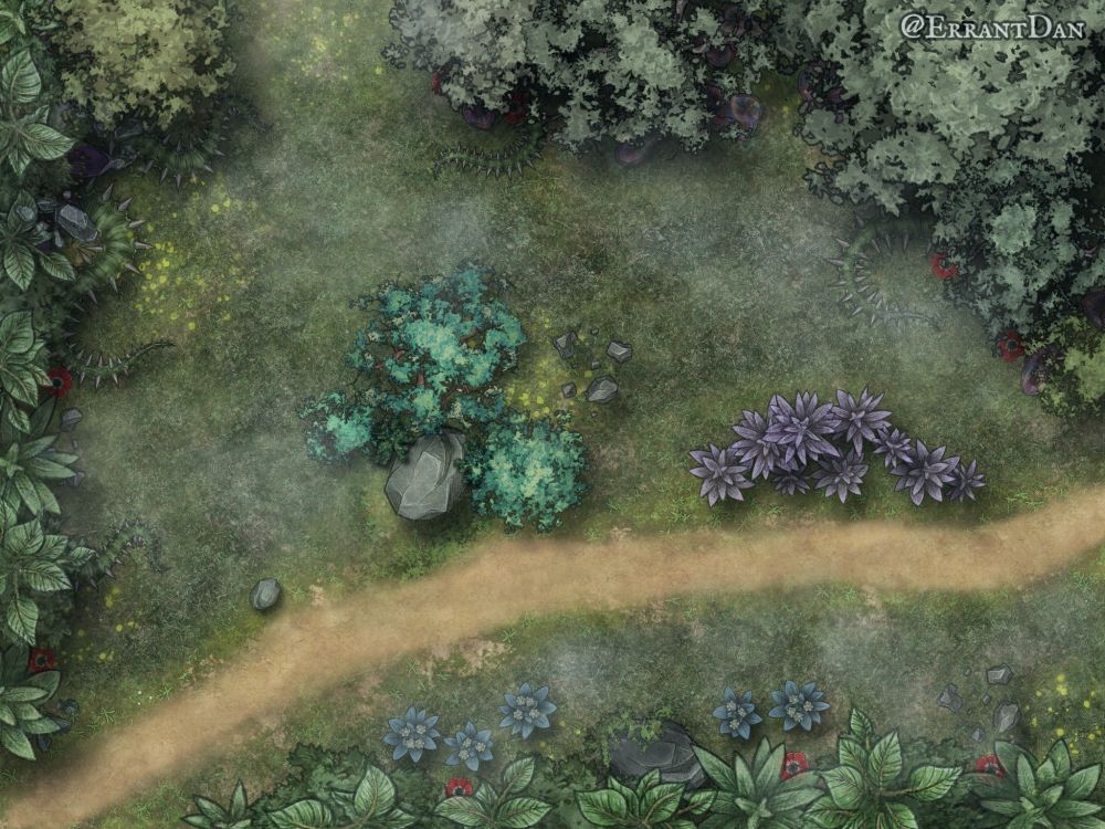 A road cuts through a dream like, foggy forest. There is a short clearing with colorful plants and some dangerous spiked vines. The ground glows in several places.