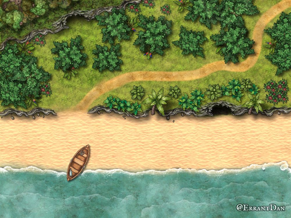 A boat is on the beach of an island. Past the sand is a jungle environment with a sandy road. Two caves are visible, one off the beach and one in the forest.