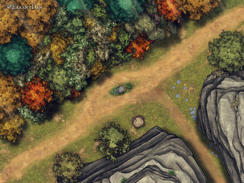 A road going through the forest. On one side, thick colorful trees. On the other, a huge stone formation, with a gap. The road forks and a foot trail goes into the gap.
