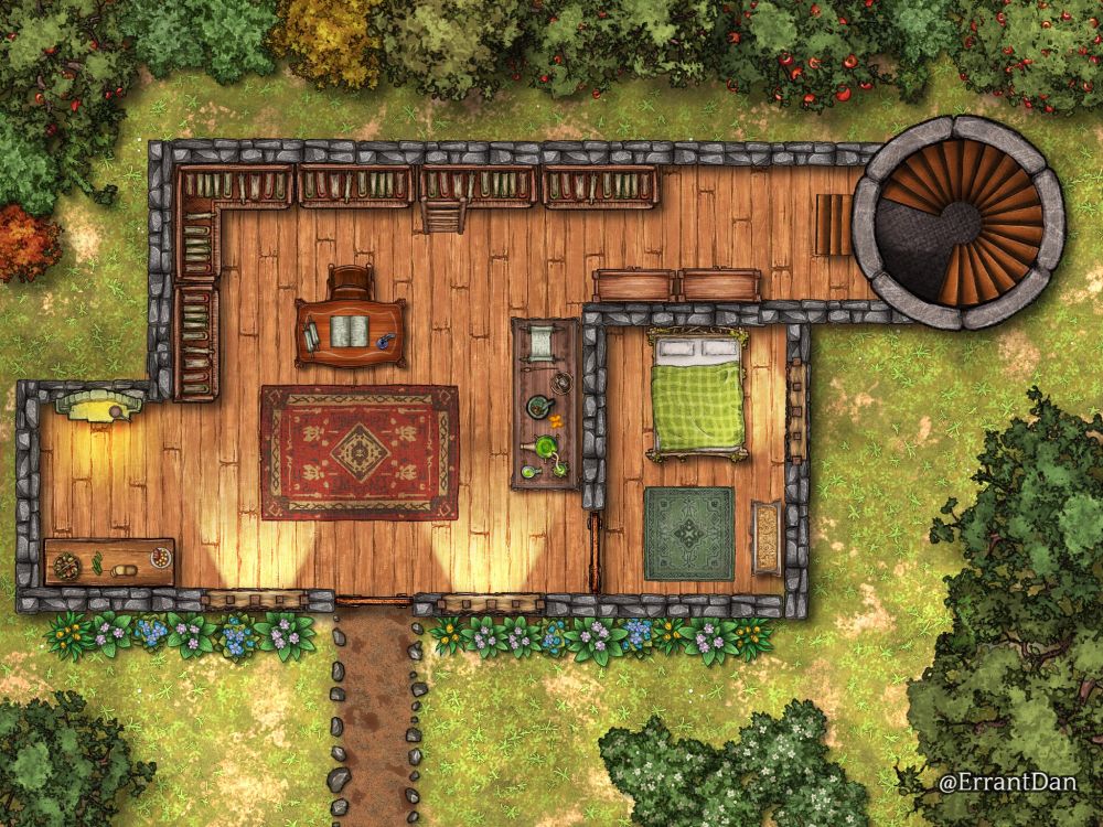 A wizard cottage.  The main room has a desk, a table of ingredients, and many bookshelves.  There is a bedroom and a small kitchen with food cooking in the fireplace. A spiral staircase goes to an upper level.