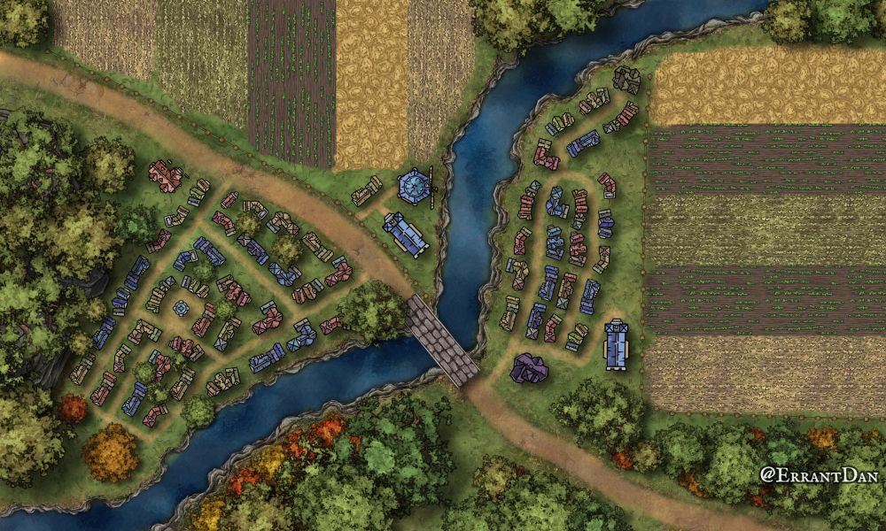 An overview of a village on both sides of a river bank, with a stone bridge connecting them.  There are large fields of crops growing on the north and east sides.