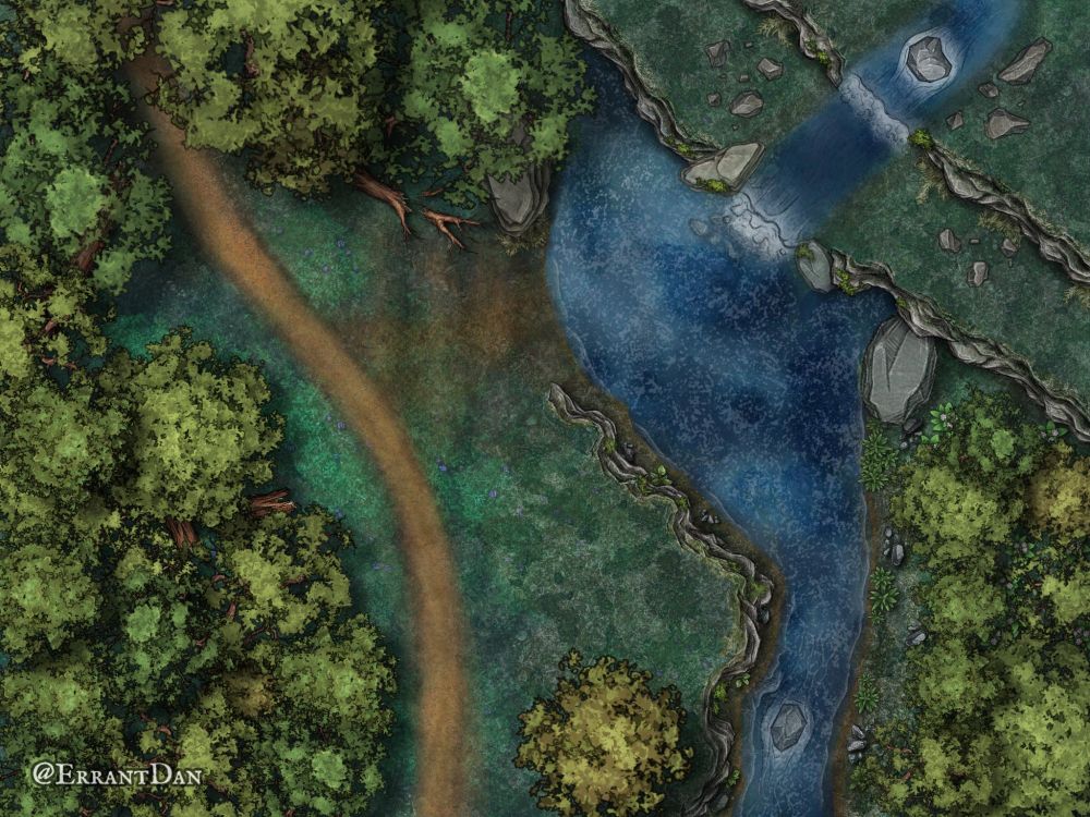 The old forest road runs past a small waterfall. The water falls from the multi-tier high ground. The trees are thick with make a small clearing as the road needs a pool at the bottom of the falls. The ground shifts down below the pool and the river carries on.