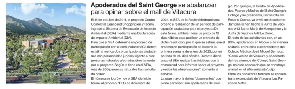 Vecinos de Vitacura contra el Proyecto Cenco Mall en Vitacura porque afectaría al colegio Saint George. 